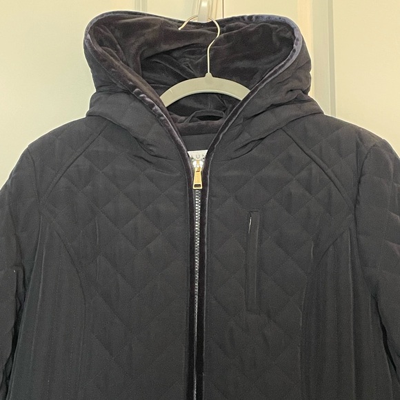 NWOT Laundry by Shelli Segal Navy Quilted Jacket w Hood Velvet Trim Fleece; Lg - Picture 9 of 15